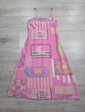 Japna Pink Printed Sundress Witchy Sun Moon Hourglass Flower Women M Linen Blend